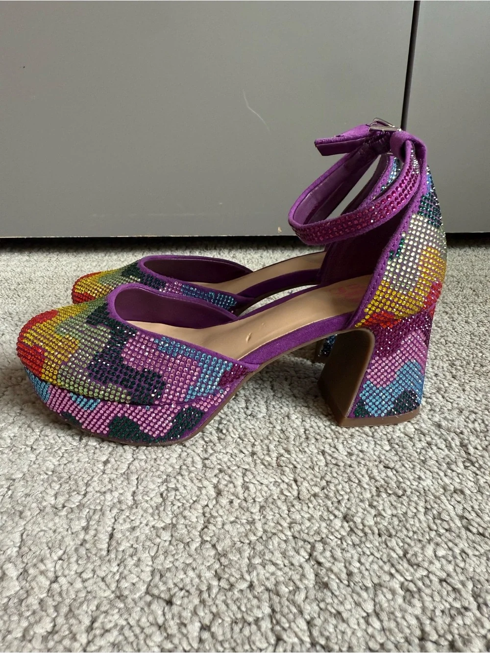 GB Girls Purple Rainbow Rhinestone Platform Block Heel Ankle Strap Shoes 1m
